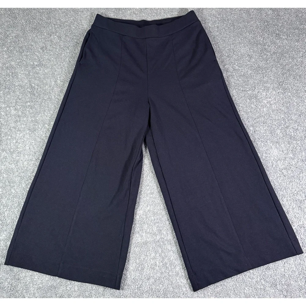 Uniqlo Culotte Pants Womens Large Navy Blue Wide Leg Elastic Waist Crop Stretch